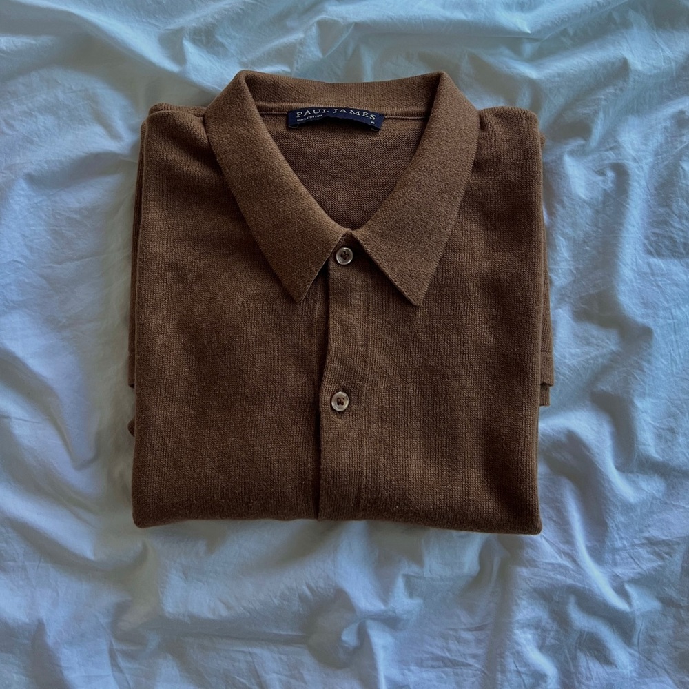Knit polo by Paul James UK (caramel color) 100% cotton silky soft - Picture 4 of 13